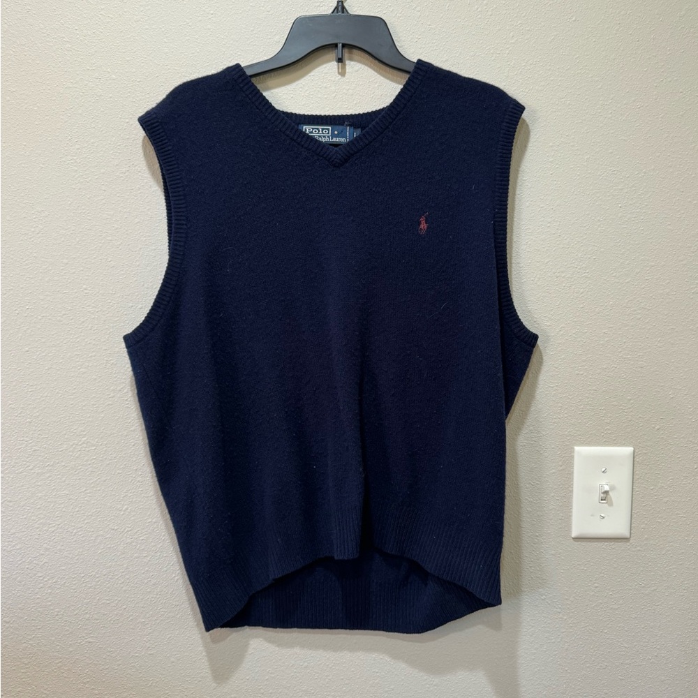 Ralph Lauren Navy Knit V-Neck Sleeveless Sweater Vest with Red Pony